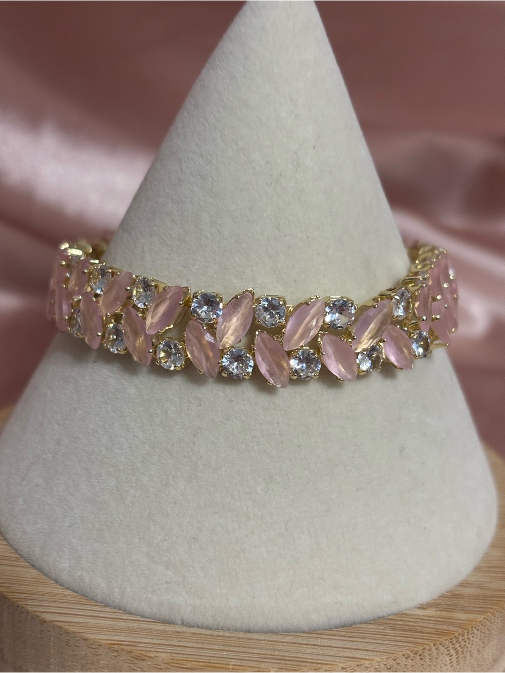 Gold Bracelet with Pink and Clear Stones - Elegant Women's Jewelry